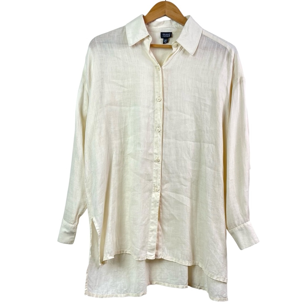 Eileen Fisher Oversized Women’s Ivory Linen Button-Down Collared Shirt Size XS